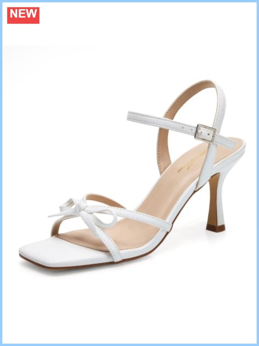 Women's Square Toe Strappy Kitten Heel Sandals with Bow & Buckle Ankle Strap